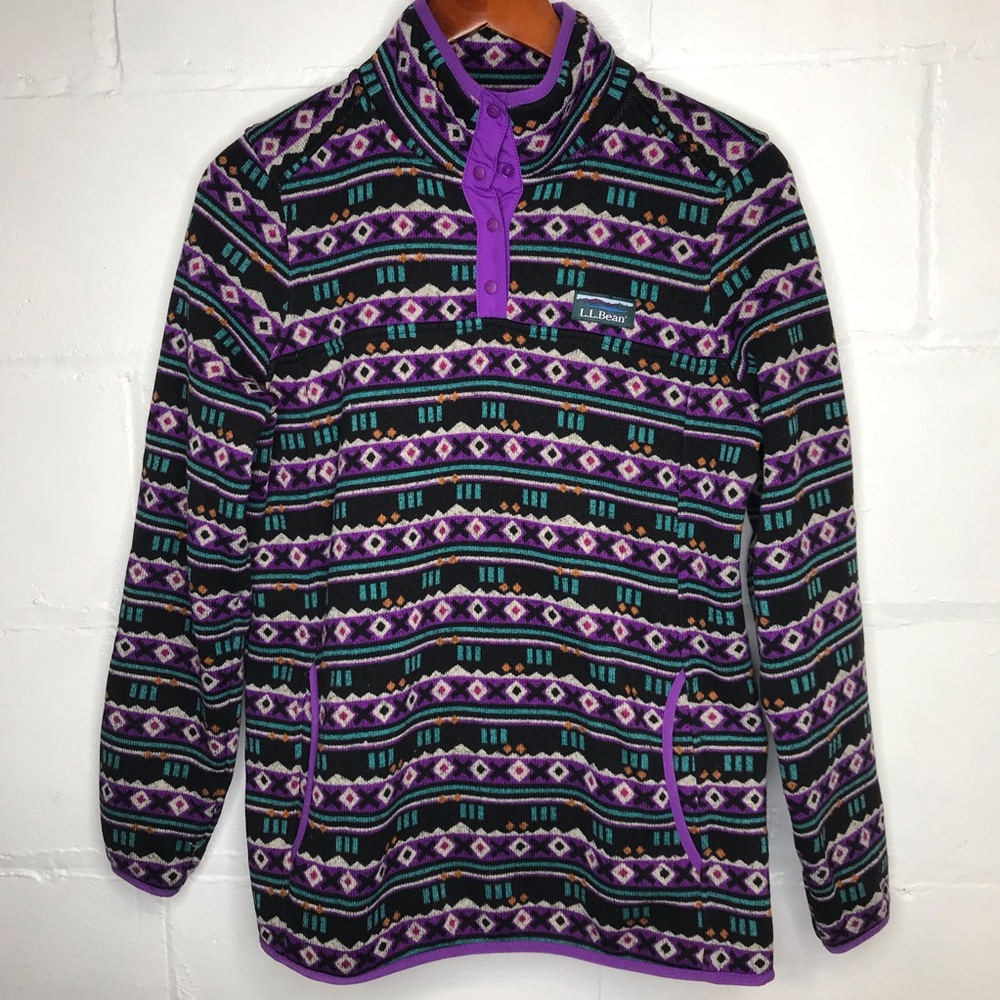 L.L.Bean Women's Medium Purple Aztec T Snap Pockets Pullover Sweater Fleece
